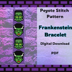 May include: A digital download PDF pattern for a peyote stitch Frankenstein bracelet. The pattern features a green Frankenstein face with yellow eyes and a purple background.