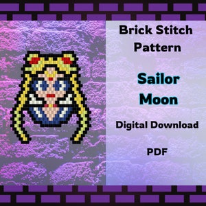 May include: A digital download PDF pattern for a brick stitch Sailor Moon design. The pattern is for a pixelated image of Sailor Moon with her signature yellow hair and red bow.