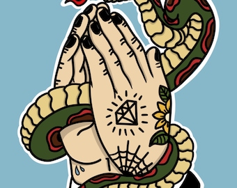 Praying Hands Tattoo Flash Art Print – Old School Ink Drawing