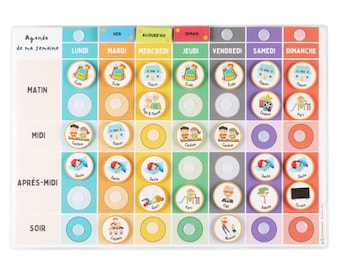 Puede incluir: Un gráfico de horario semanal colorido con una cuadrícula de los días de la semana, las horas del día y las actividades correspondientes. El gráfico incluye imágenes de la escuela, el hogar, los deportes y otras actividades.