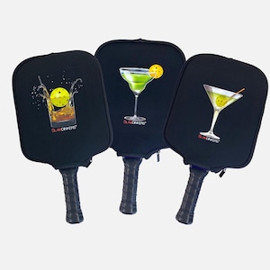 Pickleball Paddle Covers with Whiskey Splash, Martini or Margarita Image and Pocket on Reverse