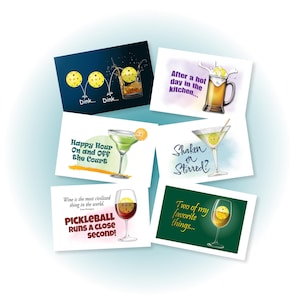 Pickleball note cards featuring 6 different drinks. Cute, funny and perfect greeting cards for pickleball playing friends and family