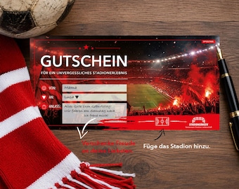 Vale regalo personalizado rojo y blanco – Regalo de cumpleaños de fútbol | Estadio | PDF instantáneo | Regalo de última hora | Sur | Fútbol