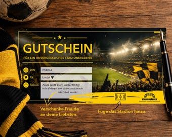 Personalized gift voucher, black and yellow – Football gift for fans | Stadium | Instant PDF | Last minute gift | Ruhr area football