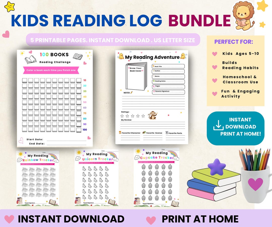 Kids Reading Log Bundle Printable | 100 Books Challenge Tracker ...