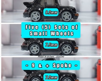 Conjunto com 5 rodas pequenas de resina com 9 raios para miniaturas em escala 1/64.