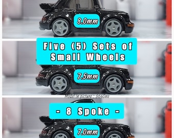 Conjunto com 5 rodas pequenas de resina com 8 raios para miniaturas em escala 1/64.