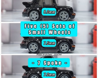 Conjunto com 5 rodas pequenas de resina com 7 raios para miniaturas em escala 1/64.