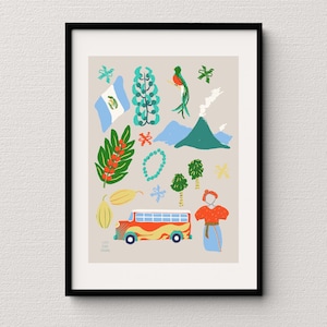 May include: A colorful illustration of Guatemalan culture, featuring a bus, a volcano, a bird, a flag, flowers, and a woman in traditional clothing.