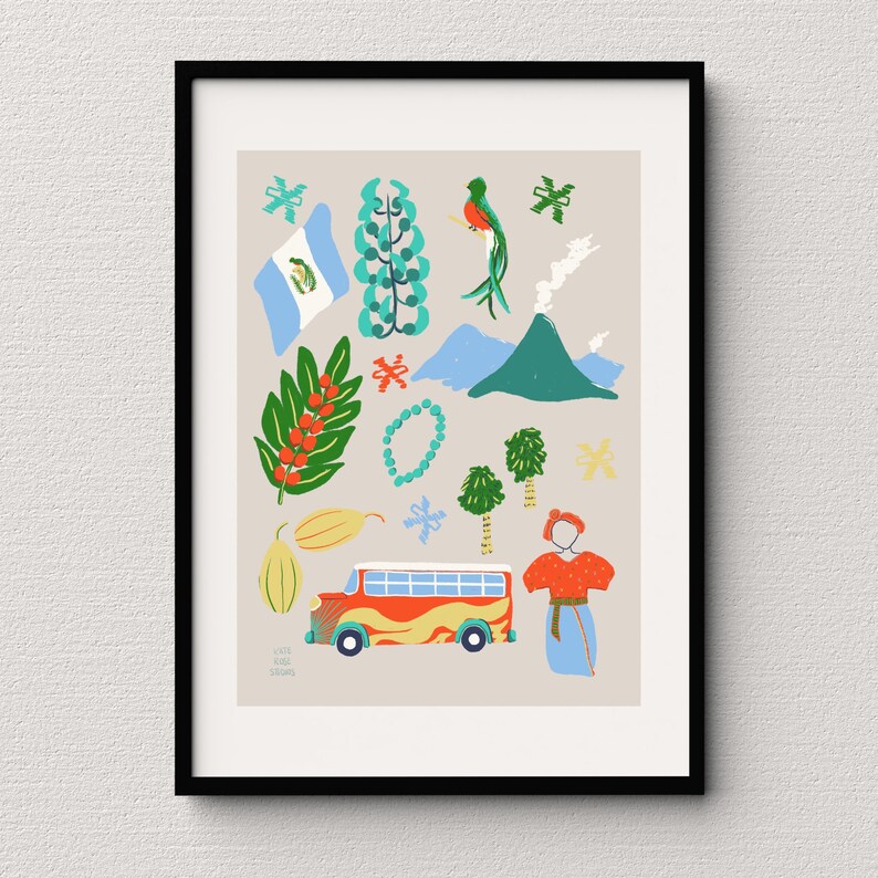 May include: A colorful illustration of Guatemalan culture, featuring a bus, a volcano, a bird, a flag, flowers, and a woman in traditional clothing.