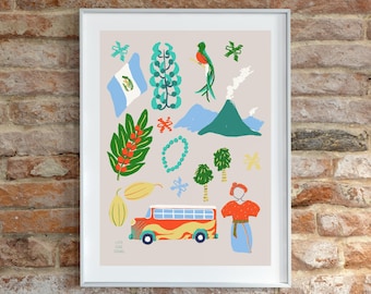 Guatemala inspired wall art print digital illustration | png, pdf, jpg instant download gifts, guate travel gift, Latin America art