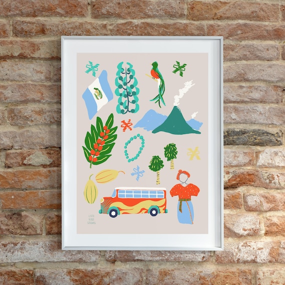 Guatemala inspired wall art print digital illustration | png, pdf, jpg instant download gifts, guate travel gift, Latin America art