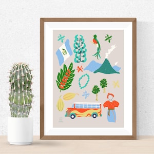 May include: A colorful illustration of Guatemalan culture, featuring a flag, a volcano, a traditional dress, a bus, and a bird. The illustration is set against a light beige background.