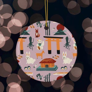 Adorno de cerámica inspirado en Japón, impresión a doble cara en forma de corazón o círculo, decoración navideña de Tokio, decoración para árboles de Navidad, regalos de recuerdo japoneses, puertas torii