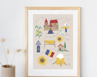 Romania inspired wall art print digital illustration | png, pdf, jpg instant download gifts, Romanian travel, sunflowers, castles, haystacks