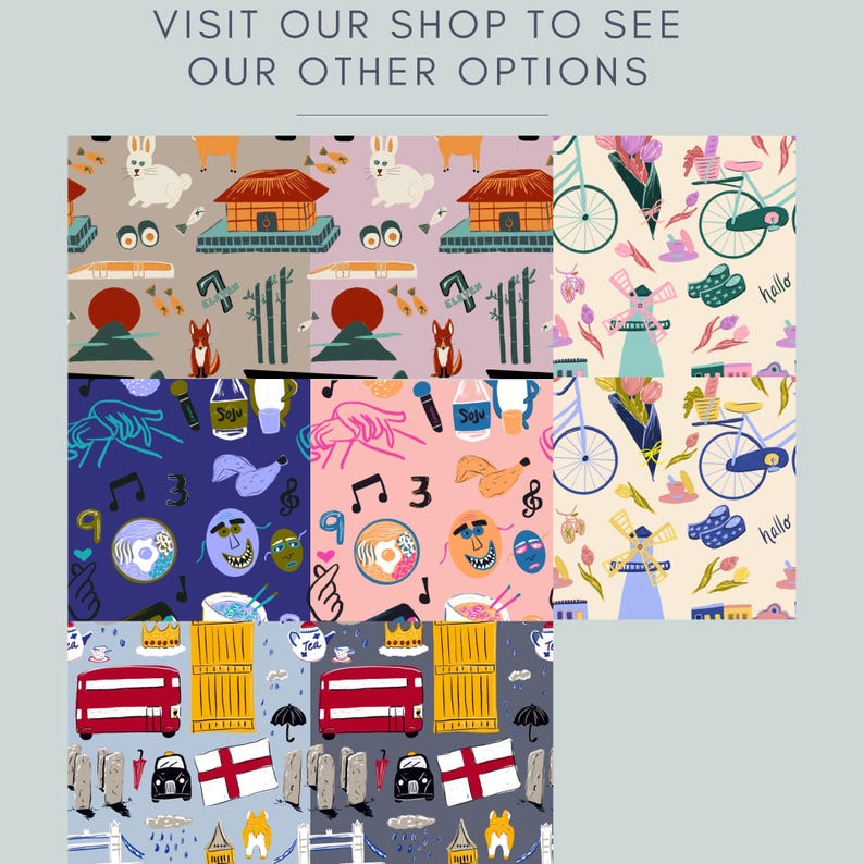 May include: A collection of six different fabric patterns featuring various designs. The patterns include a pink and white pattern with a rabbit, a blue and white pattern with a bicycle, a pink and white pattern with a hand, a blue and white pattern with a musical note, a gray and white pattern with a double-decker bus, and a gray and white pattern with a windmill.