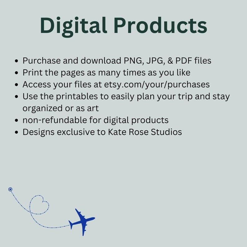 May include: Digital products for travel planning, including printable PNG, JPG, and PDF files. The image shows a blue airplane with a heart-shaped trail, representing travel and planning.