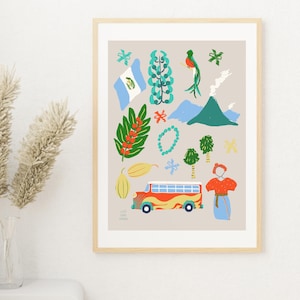 May include: A colorful illustration of Guatemalan culture featuring a red bus, a volcano, a blue flag with a quetzal, a woman in a red and blue dress, and a green bird. The illustration is set against a light beige background.