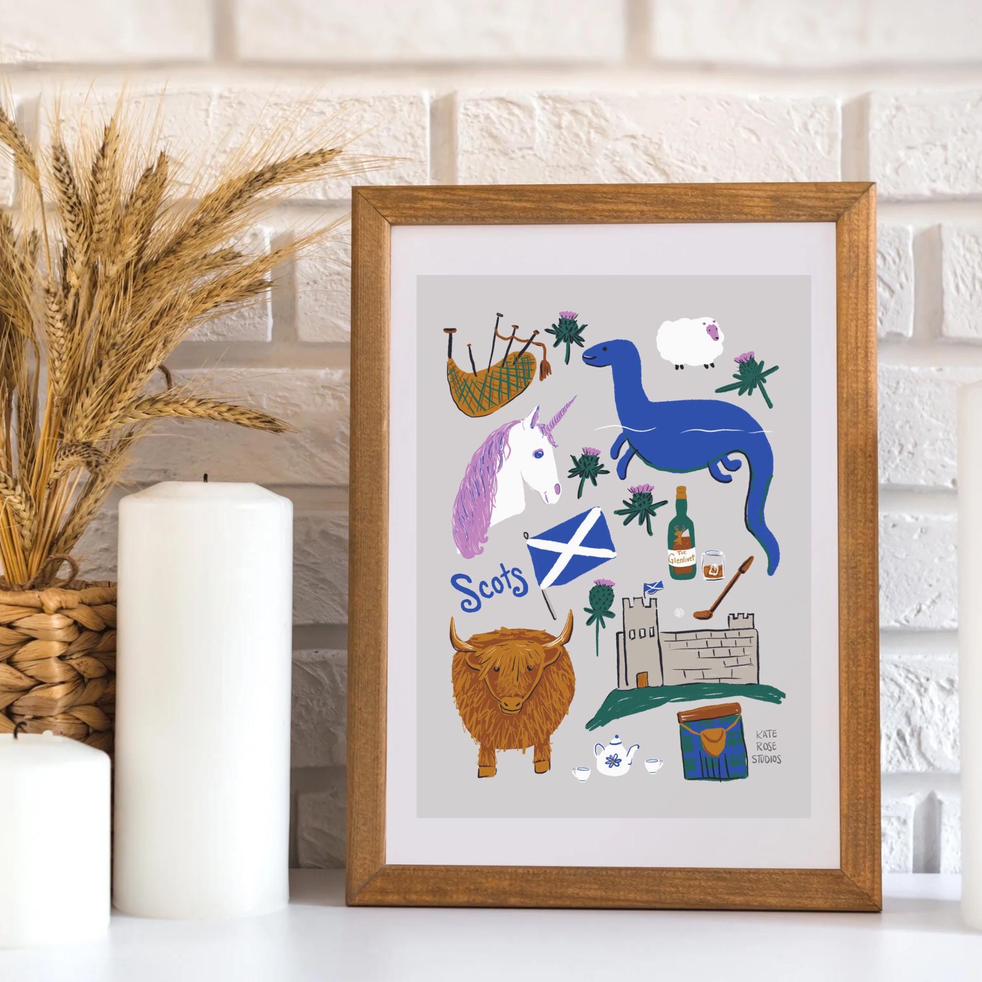 Scotland inspired wall art print digital illustration | png, pdf, jpg instant download gifts, Scottish wall decor, hairy coos, castles