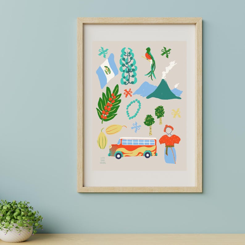May include: A colorful illustration of Guatemalan culture, featuring a red bus, a volcano, a woman in traditional clothing, a bird, a flag, and flowers. The illustration is set against a light beige background.