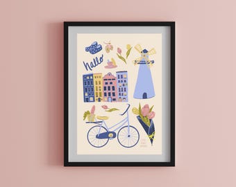 Dutch inspired wall art print digital illustration | png, pdf, jpg instant download gifts, Netherlands windmills, tulip flowers design