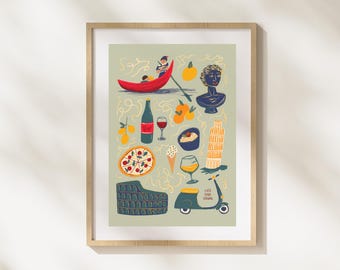 Italy inspired wall art print digital illustration | png, pdf, jpg instant download gifts, wine, Vespa, colosseum, Pisa tower, pasta lover