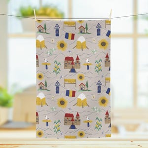 Romania travel inspired Kitchen waffle weave Tea Towel, gift for mom or teachers, mountain, sunflowers, castles, trip memories, Transylvania