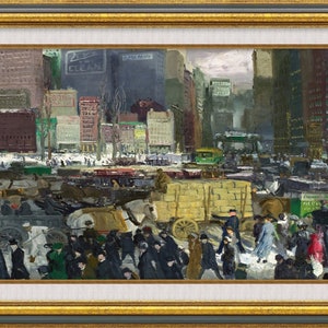 Puede incluir: Una pintura que representa una escena de calle ajetreada en la ciudad en invierno. La calle está llena de gente, carruajes tirados por caballos y automóviles. Los edificios en el fondo son altos e imponentes, y el cielo está nublado. La pintura está realizada en un estilo realista, con un enfoque en el detalle.