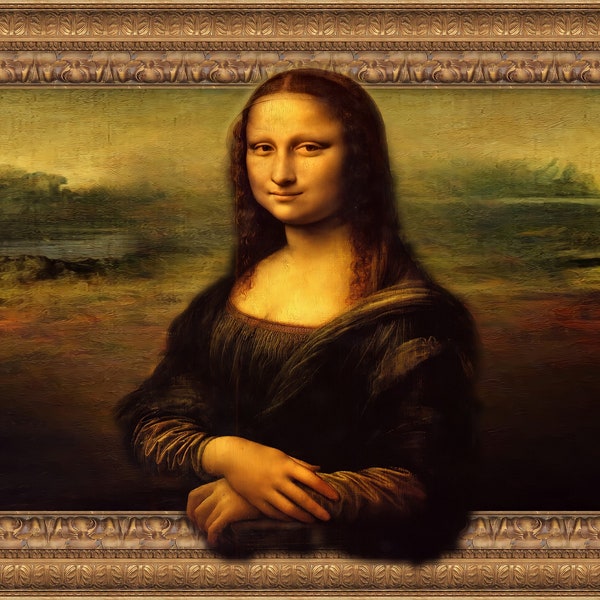 Cadre déco numérique Samsung Frame TV gratuit inclus. Mona Lisa Coming Out peinture à l’huile numérique . Lunette classique en or. Téléchargement instantané