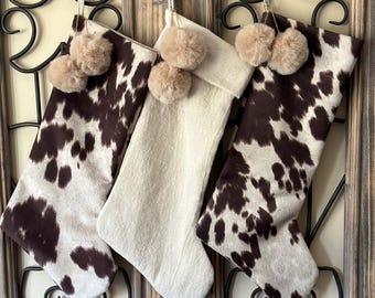 Christmas Stocking, Vintage, Shabby Chic, Cottage, Cowhide, Farmhouse, Country Charm, Rustic, Old Fashioned, Holiday Decor, Western, Gifts