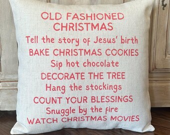 Old Fashioned Christmas Pillow Cover, Christmas Bucket List, Women’s Gift, Farmhouse, Holiday Decor, Vintage, Cottage, Shabby Chic,  Country