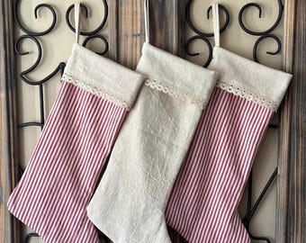 Christmas Stocking, Vintage, Shabby Chic, Cottage, Red Ticking, Farmhouse, Country Charm, Rustic, Old Fashioned, Classic, Gift for Her