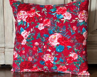 Red Floral Pillow Cover, Farmhouse, Women’s Gift, Cottage, Christmas Decor, Country Charm, Shabby Chic, Valentine Gift, Teal, Blush Pink