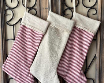 Christmas Stocking, Vintage Inspired, Shabby Chic, Cottage, Red Ticking, Farmhouse, Country Charm, Old Fashioned Holiday Decor, Gift for her