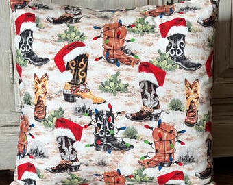 Christmas Cowboy Boots and Lights Pillow Cover, Farmhouse, Rustic, Western, women’s Gift, Ranch, Homestead, Santa Hats, Cactus,