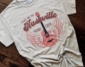 Take me to Nashville T-shirt, Music City Tee, Country Music, Vintage Faded Style, Retro, Guitar, Angel Wings, Gift for Her, Distressed, Tenn