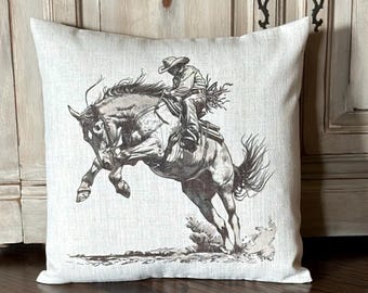 Cowboy Riding Bucking Bronc Pillow Cover, Rodeo, Western, Wild West, Bucking Horse, Ranch Decor, Gift for Men and Women, Rustic, Vintage
