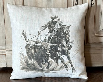Cowboy Roping Steer Pillow Cover, Rodeo, Country and Western, Wild West, Horse, Ranch Decor, Gift for Men and Women, Rustic, Vintage Style,