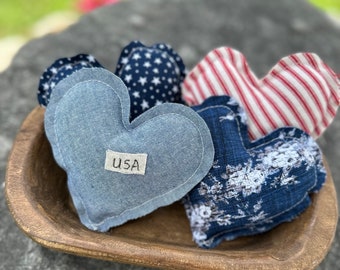 4 Fabric Puffed Mini Hearts, July 4th, Patriotic, Red White & Blue, USA, Brave, Free, 1776, Bowl Filler, Heart Garland, Gift for Women,