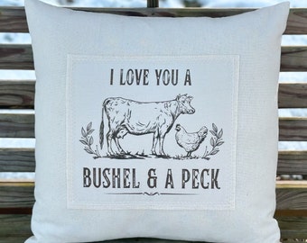 Love You A Bushel and Peck Pillow Cover, Farmhouse Decor, Cow Pillow, Chicken Pillow, Farm Animals, Homestead, Neutral Decor, Country Charm