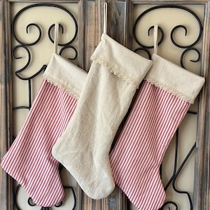 Christmas Stocking, Vintage, Shabby Chic, Cottage, Red Ticking, Farmhouse, Country Charm, Rustic, Old Fashioned, Holiday Decor, Gifts