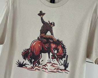 Cowboy on Wild Bucking Bronc T-shirt, Untamed Horse, Vintage Faded Style Tee, Gift for Her, Retro, Country, Western, Rustic, Distressed