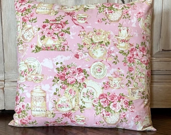 Pink Rose Garden Tea Party Pillow Cover, French Farmhouse, Cottage, Vintage, Women’s Gift, Tea Cup, Tea Pot, Shabby Chic, Country, Victorian
