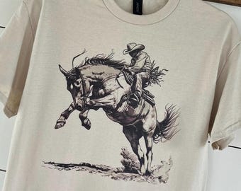 Cowboy on Wild Bucking Bronc T-shirt, Rodeo, Vintage Faded Style Tee, Gift for Her/Him, Retro, Country, Western, Rustic, Distressed, Horse