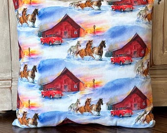 Horses Running in the Snow Pillow Cover, Red Barn, Vintage Red Truck, Christmas Decor, Western, Ranch, Farmhouse, Homestead, Women’s Gift,