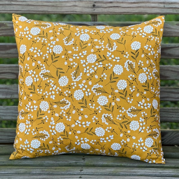 Wild Flowers Pillow Cover, White Dandelions, Mustard Floral Pillow, Country Charm, Farmhouse Decor, Rustic, Cottage, Homestead, Vintage