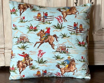 Wild West Cowboy Pillow Cover, Western, Vintage Cowboy, Ranch, Horses, Bucking Broncs, Ride em Cowboy, Cactus, Wagon, Riding On the Range,