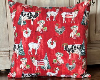 Fancy Festive Farm Animals Pillow Cover, Farmhouse, Cow, Sheep, Chicken, Pig, Llama, Homestead, Women’s Gift, Ranch, Holiday Decor, Country