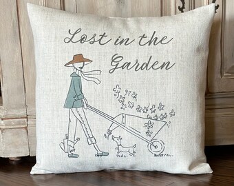 Lost in the Garden Pillow Cover, Hand Drawn Vintage Design, Country Charm,  Homestead, Cottage, She Shed, Farmhouse, Sun Room, Vintage Look