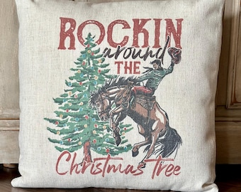 Rockin Around the Christmas Tree Pillow Cover, Bucking Horse, Cowboy, Gift for Women, Farmhouse, Ranch, Western, Holiday Decor, Vintage,